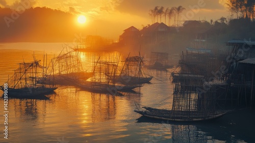 Boats on water with trees and sunlight creating a warm scenic landscape.