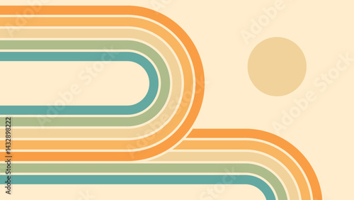 Abstract background of rainbow and sun groovy Wavy Line design in 1970s Hippie Retro style. Vector pattern ready to use for cloth, textile, wrap and other.