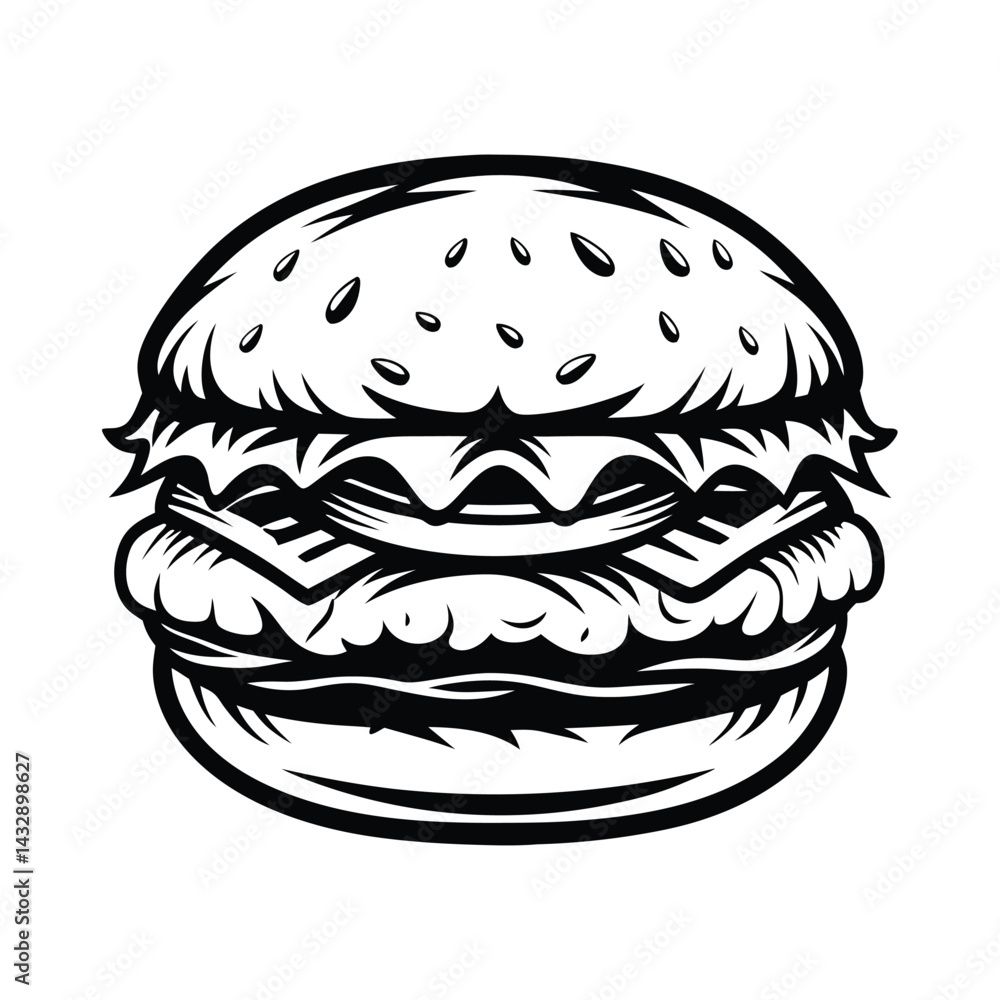 Black and White Burger Sketch with Sesame Seeds, Lettuce, Tomato, and Patty Icon Black and White Burger Sketch with Sesame Seeds, Lettuce, Tomato, and Patty Icon