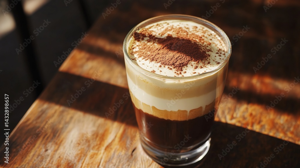 Layered beverage with whipped cream and cocoa powder in a glass on a wooden table. Layered beverage with whipped cream and cocoa powder in a glass on a wooden table.