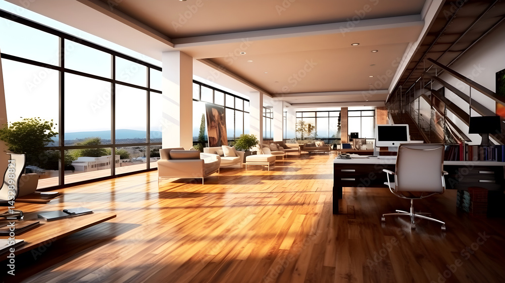A spacious, modern office with a large window overlooking a scenic view, featuring a wooden floor, white walls, and a sleek, minimalist design.