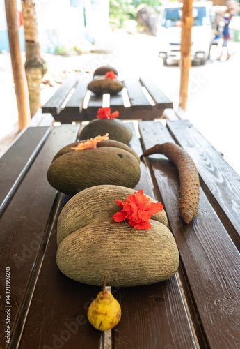 Coco de Mer seeds and male inflorescence displayed with hibiscus flowers on a wooden table
