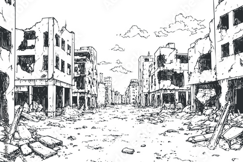 Black and white drawing of a street full of ruined and destroyed buildings with debris scattered around