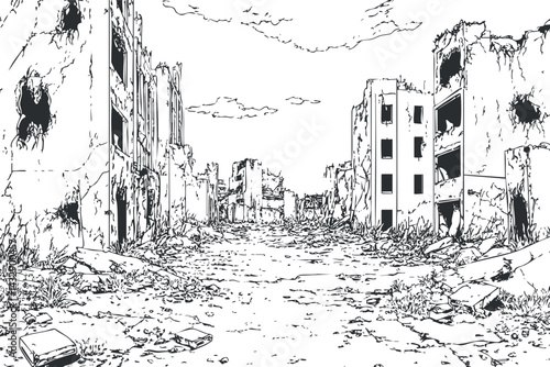 Black and white sketch of a destroyed urban area with damaged buildings and rubble scattered on the ground