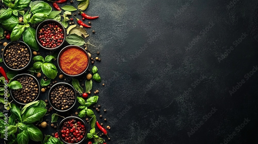 Bowls of spices with chili peppers and basil on a deep blue background. Bowls of spices with chili peppers and basil on a deep blue background.