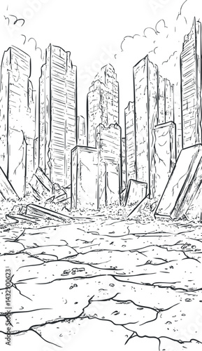 Black and white sketch of a ruined city with tall broken skyscrapers and cracked ground after destruction or apocalypse