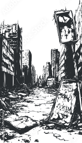 Black and white sketch of a postapocalyptic ruined city street with destroyed buildings and debris