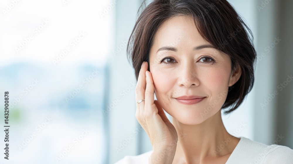 Woman touches face smiling softly Woman touches face smiling softly