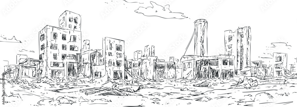 Obraz premium Black and white sketch of a destroyed urban cityscape showing ruins and devastation in a postapocalyptic setting