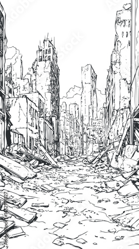 Black and white sketch of a destroyed city street with ruined buildings and rubble scattered along the road in a post-apocalyptic setting.
