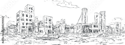 Black and white sketch of a destroyed urban cityscape showing ruins and devastation in a postapocalyptic setting
