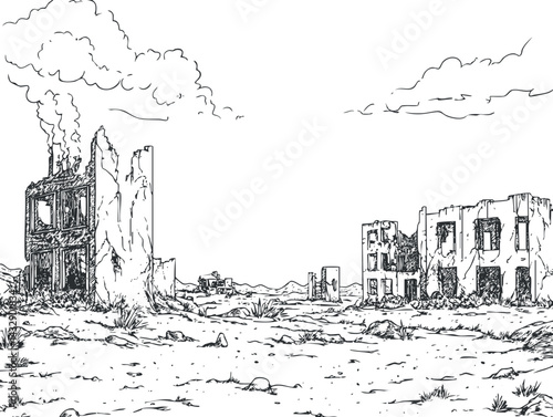 Black and white sketch of a desolate desert landscape with ruined and burning buildings emitting smoke under a cloudy sky