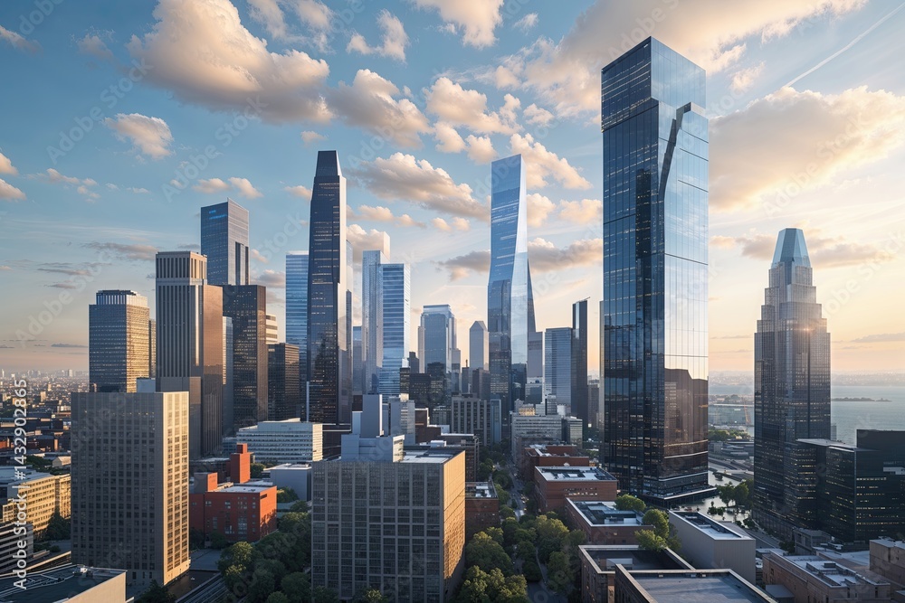Fototapeta premium Dynamic Urban Skyline Representing Architectural Expression and City Transformation