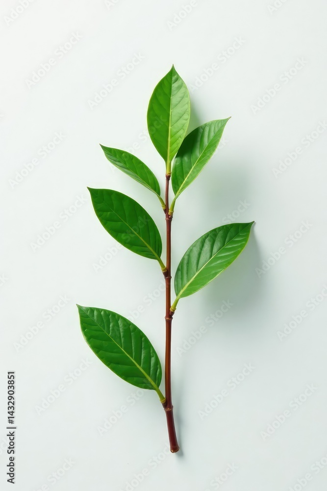 Fototapeta premium Single stem with small leaves on white background, texture, plant