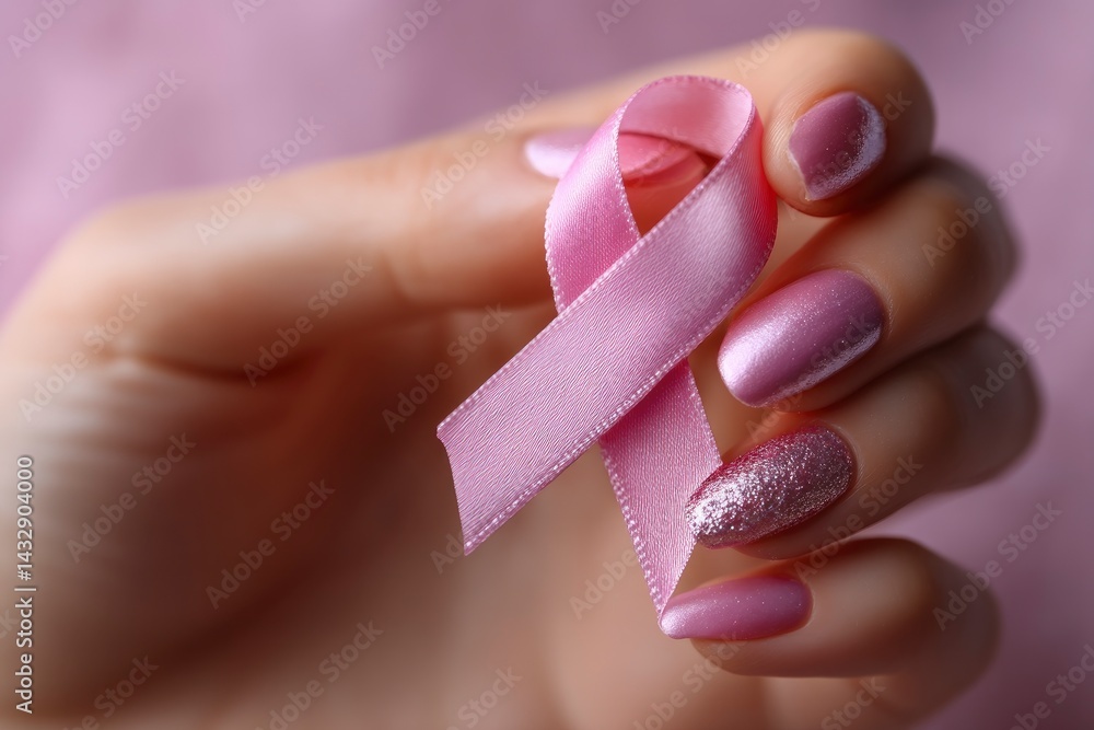 Pink Ribbon Held by Hand with Polished Nails Pink Ribbon Held by Hand with Polished Nails