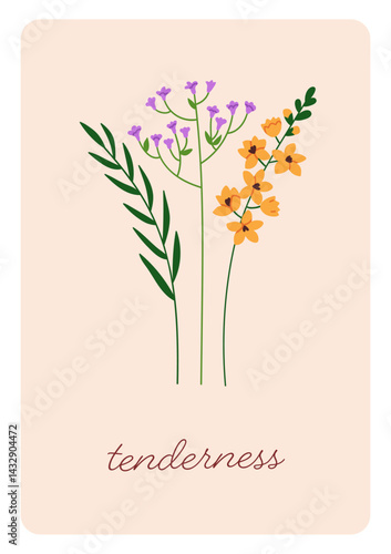 Floral poster, botanical card design. Field and meadow wildflowers on tender ...
