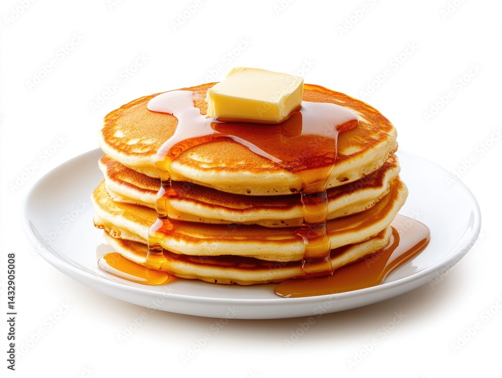 Stacked pancakes with butter and syrup on a plate Stacked pancakes with butter and syrup on a plate