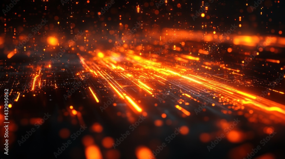 Fototapeta premium Abstract fiery streaks on dark surface with glowing particles