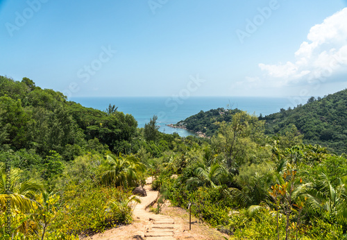 Obraz na płótnie Tropical trekking trail in Fond Ferdinand Nature Reserve on Praslin Island, Seychelles w salonie