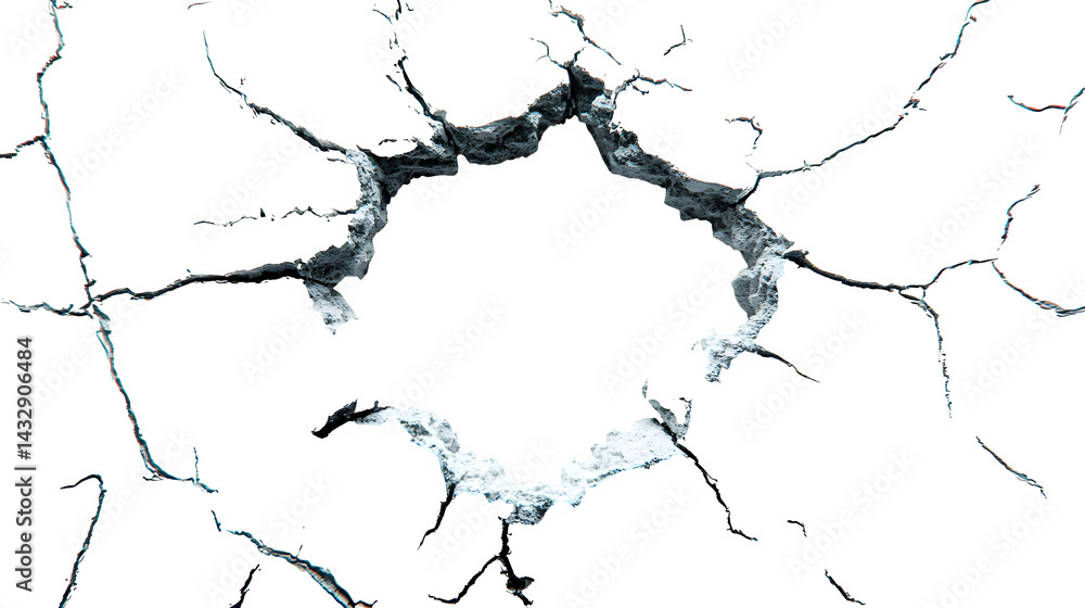 Obraz premium Cracked surface creating a dynamic hole, explosion or impact design, isolated on white background