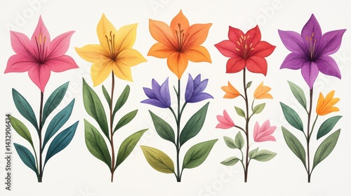 A vibrant collection of watercolor painted gloriosa lilies in various colors and sizes perfect for design projects showcasing bold floral arrangements and artistic expression.