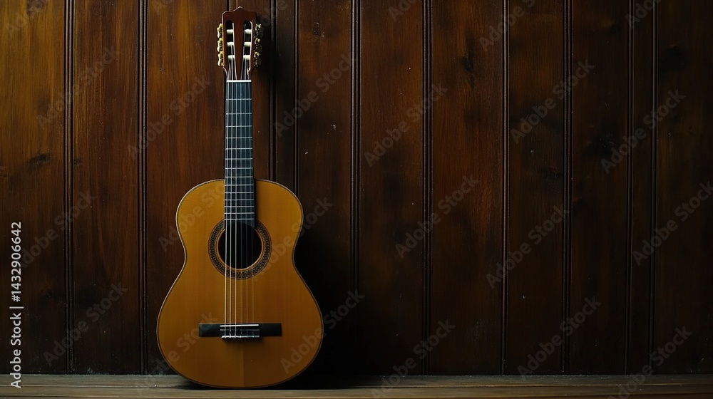 Fototapeta premium Acoustic guitar leaning against a wooden wall on a wooden floor.