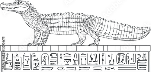 Black and white line drawing of a crocodile with Egyptian hieroglyphs below, representing ancient culture and symbolism.