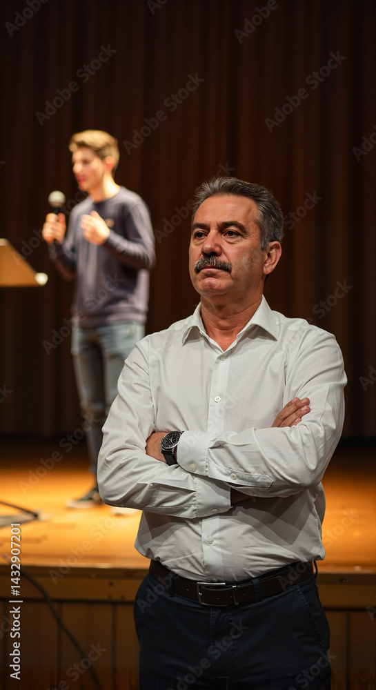 Obraz premium Speaker presenting on stage with attentive audience member 