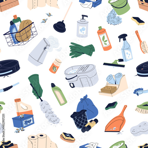 Repeatable pattern of cleaning equipment, washing products. Endless background with detergents, tools for cleanup. Housework kit, sanitary supplies, hygienic tools. Flat seamless vector illustration