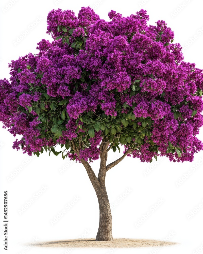 Fototapeta premium Vibrant bougainvillea tree in full bloom against a clean white background showcasing its rich purple flowers and lush green leaves in natural light