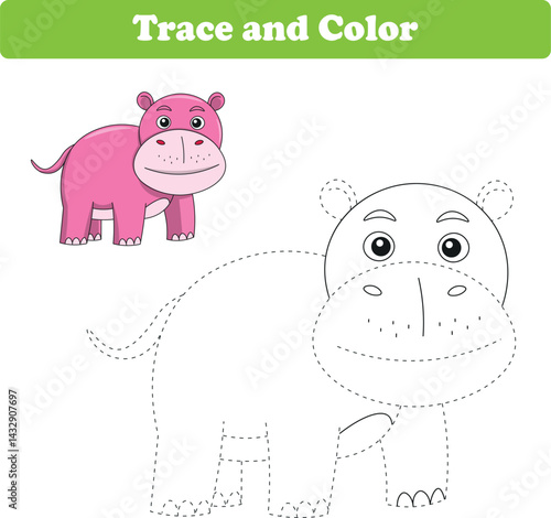 Handwriting Practice. Tracing lines and coloring hippopotamus for children. Vector Illustration