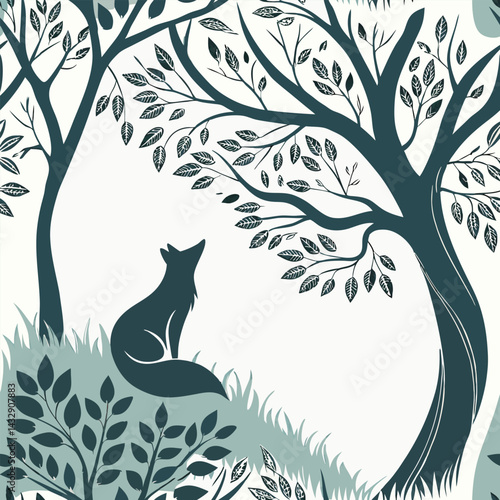 "Elegant fox silhouette walking through a mystical forest at night under a starry sky, howling on a cliff with glowing eyes, vector illustration"