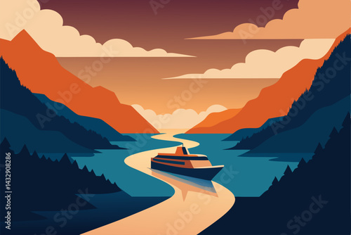 ferry crossing river under monsoon clouds .eps
