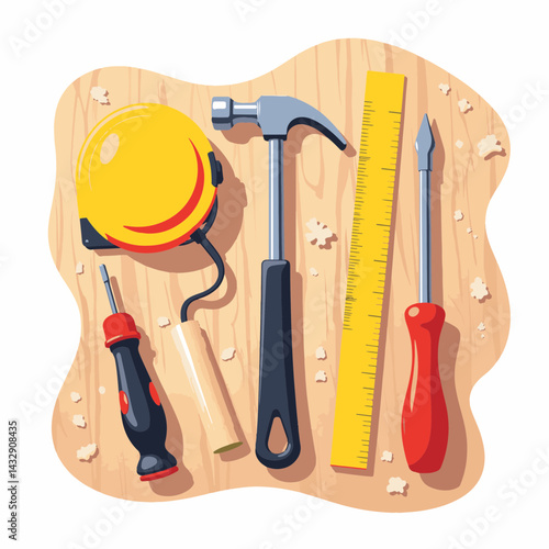 Bright construction tools arranged on wooden workbench, craftsmanship