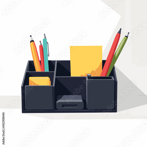 Modern desk organizer with vibrant pens on white surface, minimalism