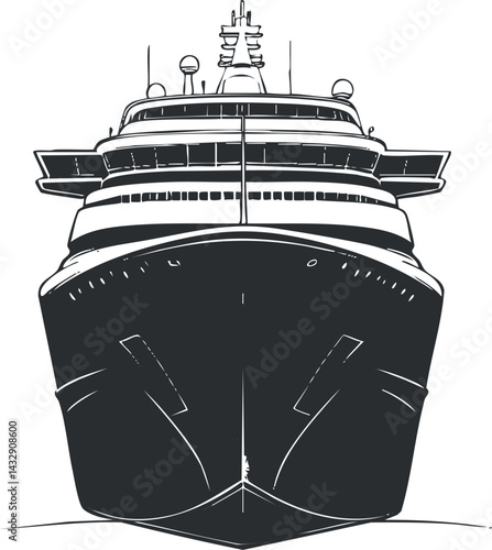 Front view illustration of a large cruise ship or passenger vessel for sea travel and luxury vacations