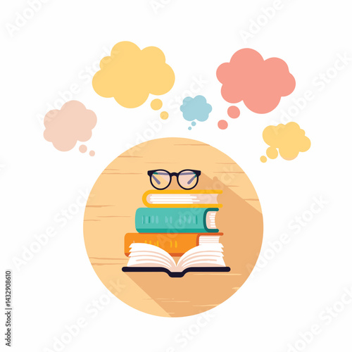 Colorful textbooks and glasses on round table, idea exchange