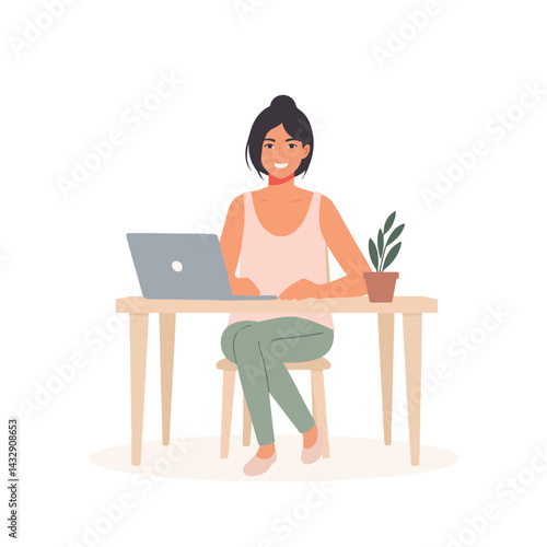Smiling woman working remotely at home, productivity balance