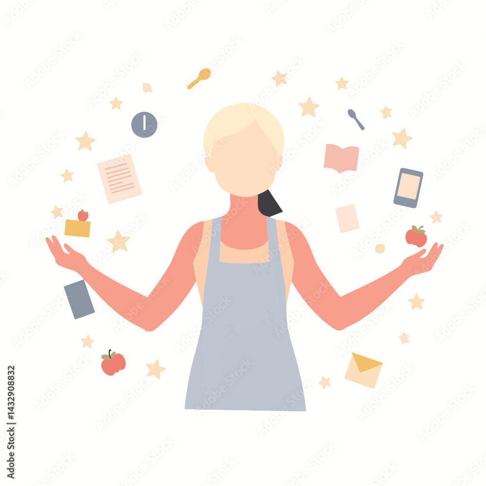 Mother multitasking with various items in pastel colors, balance and focus Mother multitasking with various items in pastel colors, balance and focus
