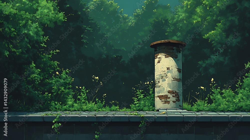 Fototapeta premium Forest path, old chimney, sunny day