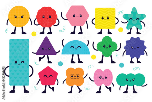Geometric Shapes Characters. Cute Geometric Shapes with Faces, Kawaii Style Vector Characters for Kids. Trendy educational objects for preschool kids vector set