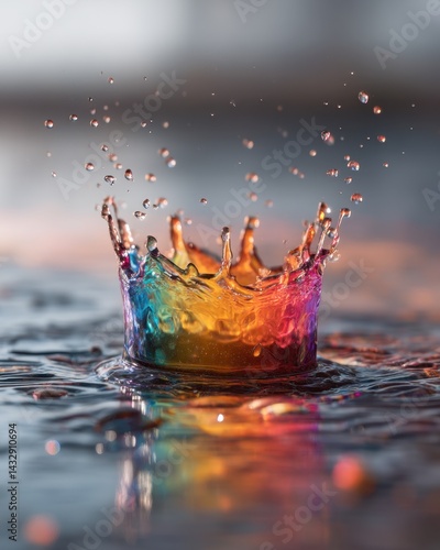 Colorful water droplet crown splash in liquid surface with vibrant reflection and dynamic motion creating a captivating visual spectacle