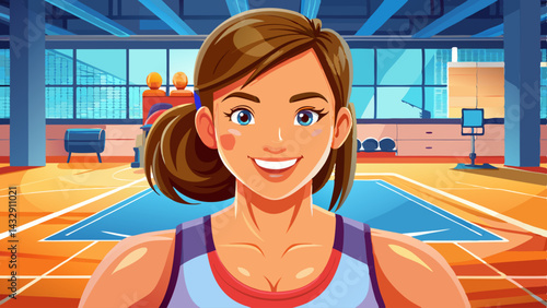Woman, basketball court and happy in portrait at gym for sports, confident and ready with training for competition. Girl, start and smile with pride for contest, workout and exercise at fitness