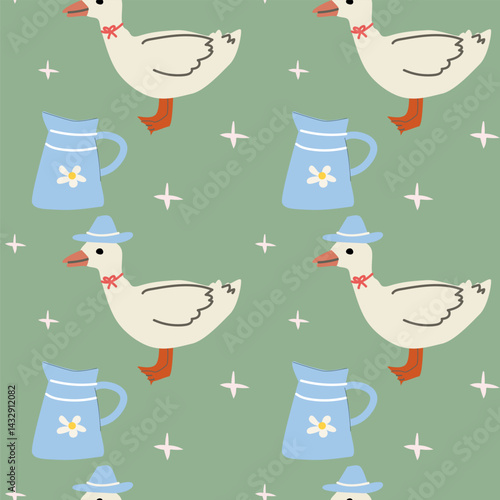 Charming cottage decor pattern with geese and vintage pitchers.