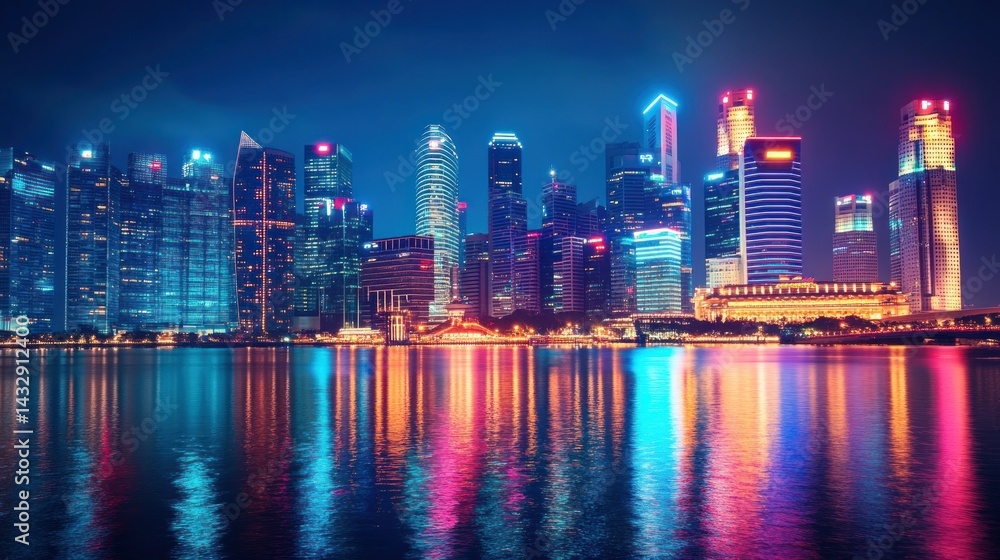 Fototapeta premium Vibrant cityscape skyline reflected in calm water at night.