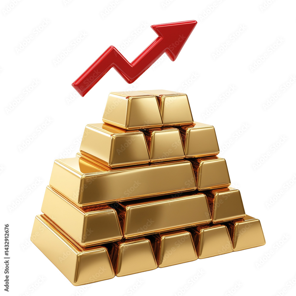 Upswing in precious metals with a pyramid of gold bullion against transparent space Upswing in precious metals with a pyramid of gold bullion against transparent space