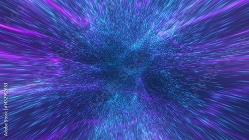 Digital futuristic tunnel or travel through time and space at high speed by moving bright neon lines of particles and bright dots. High technology corridor, warpspeed