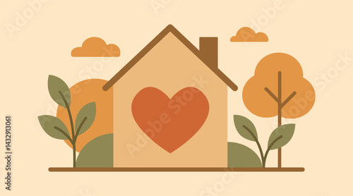 A cozy house with a heart symbol, surrounded by trees and plants in warm earth tones. The scene represents family and home, International Family Day vector illustration