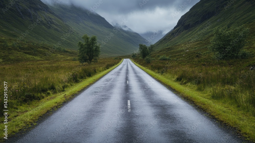 Naklejka premium Misty mountain road through lush valley