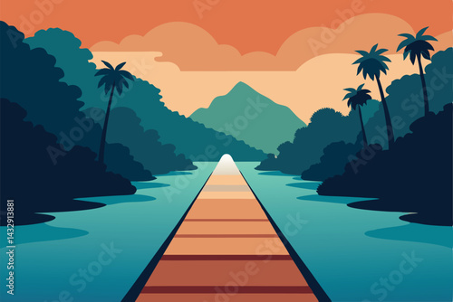 footbridge over flooded jungle river .eps
